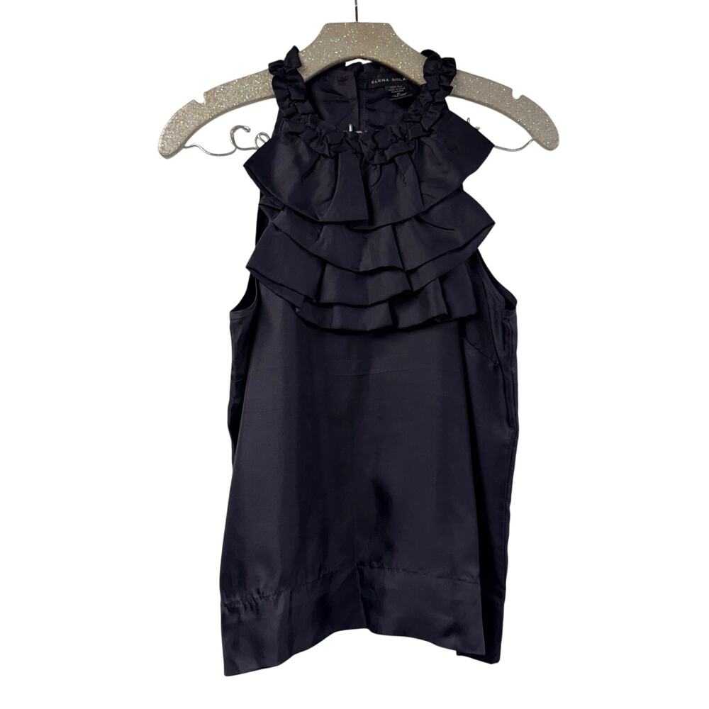 Elena Solano Ruffle Tank Purple 100% Silk Hi Neck Sleeveless Shiny Medium